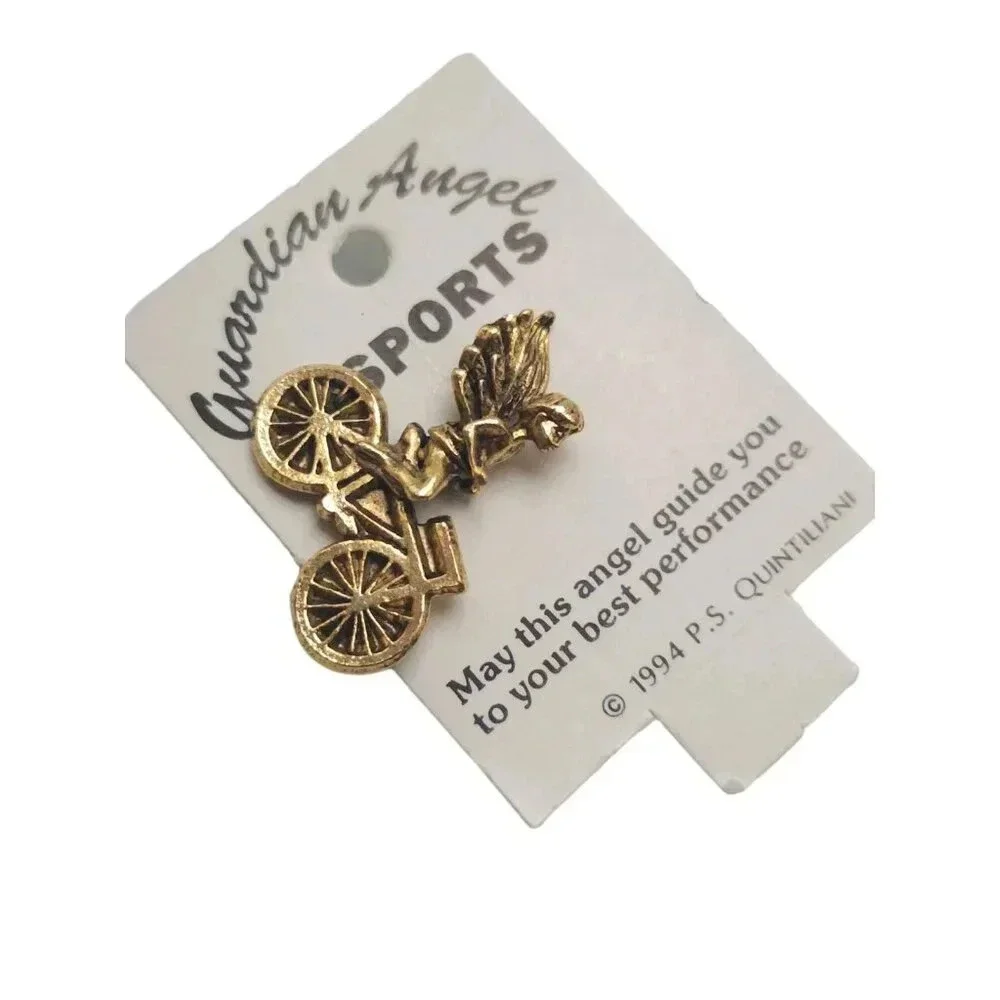 Guardian Angel on Bicycle Lapel Brooch Pin Gold Tone Vintage